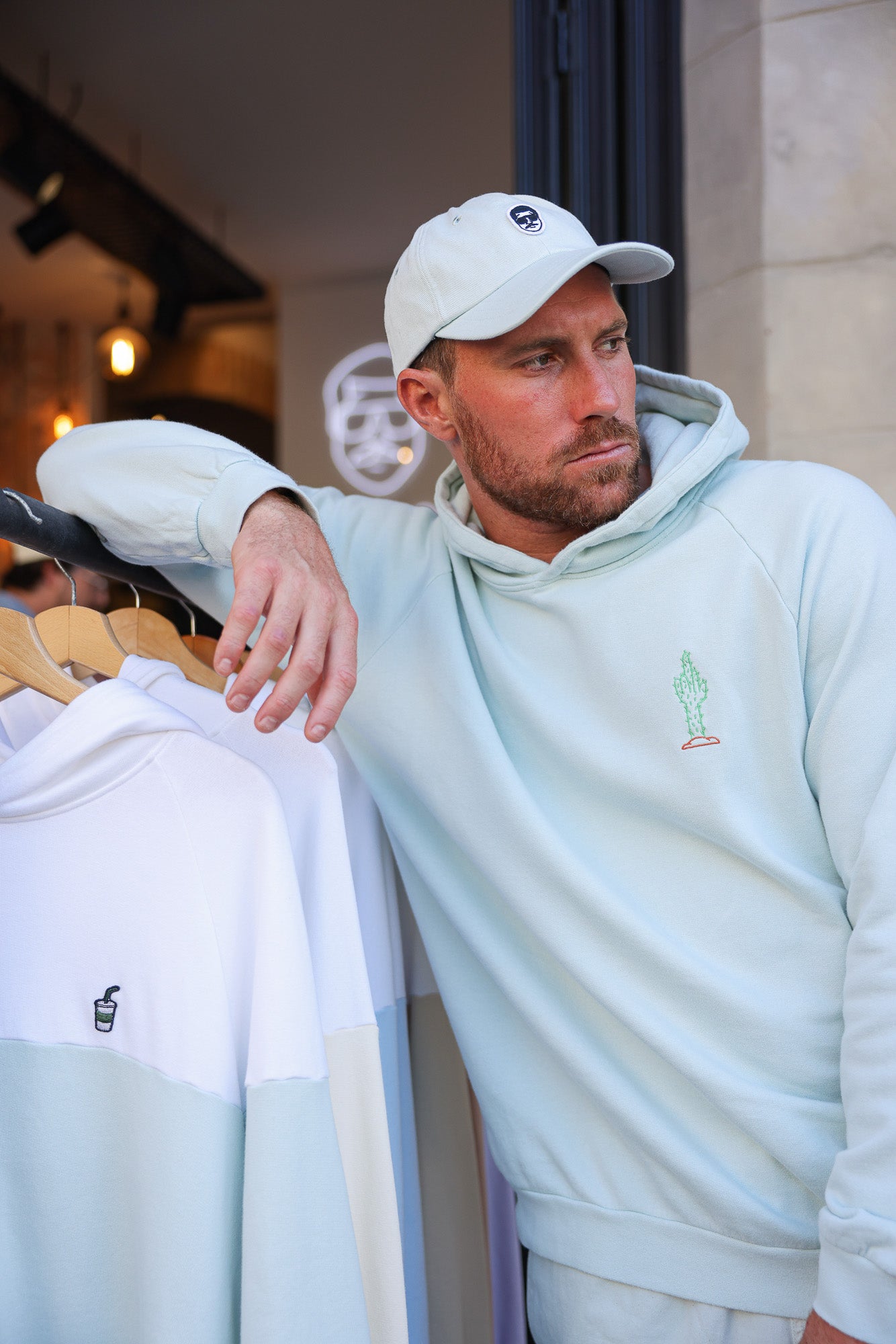Sweat à capuche Coton Bio brodé CACTUS - Vert menthe