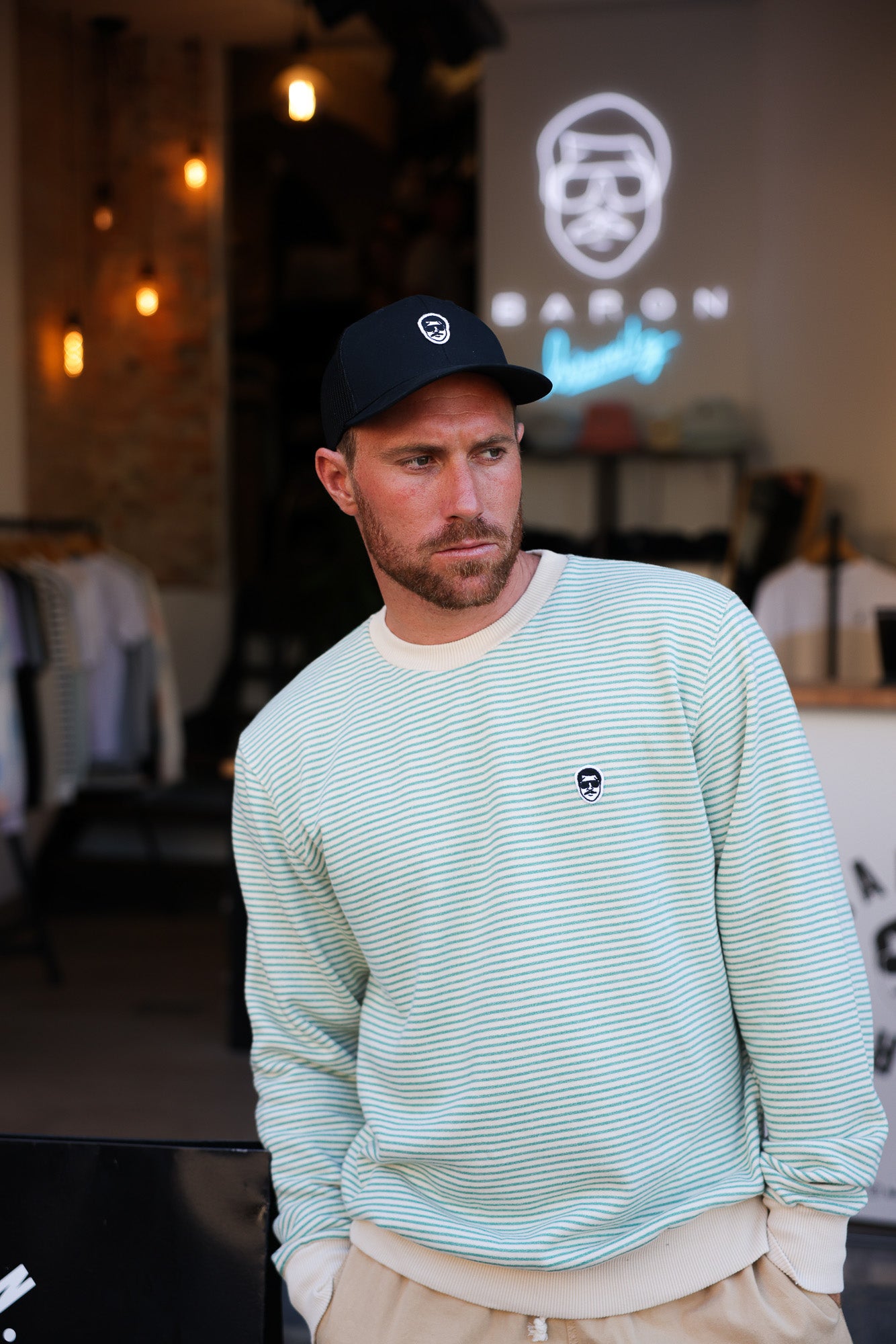 Sweat Crew Marinière ECRU - Vert sapin