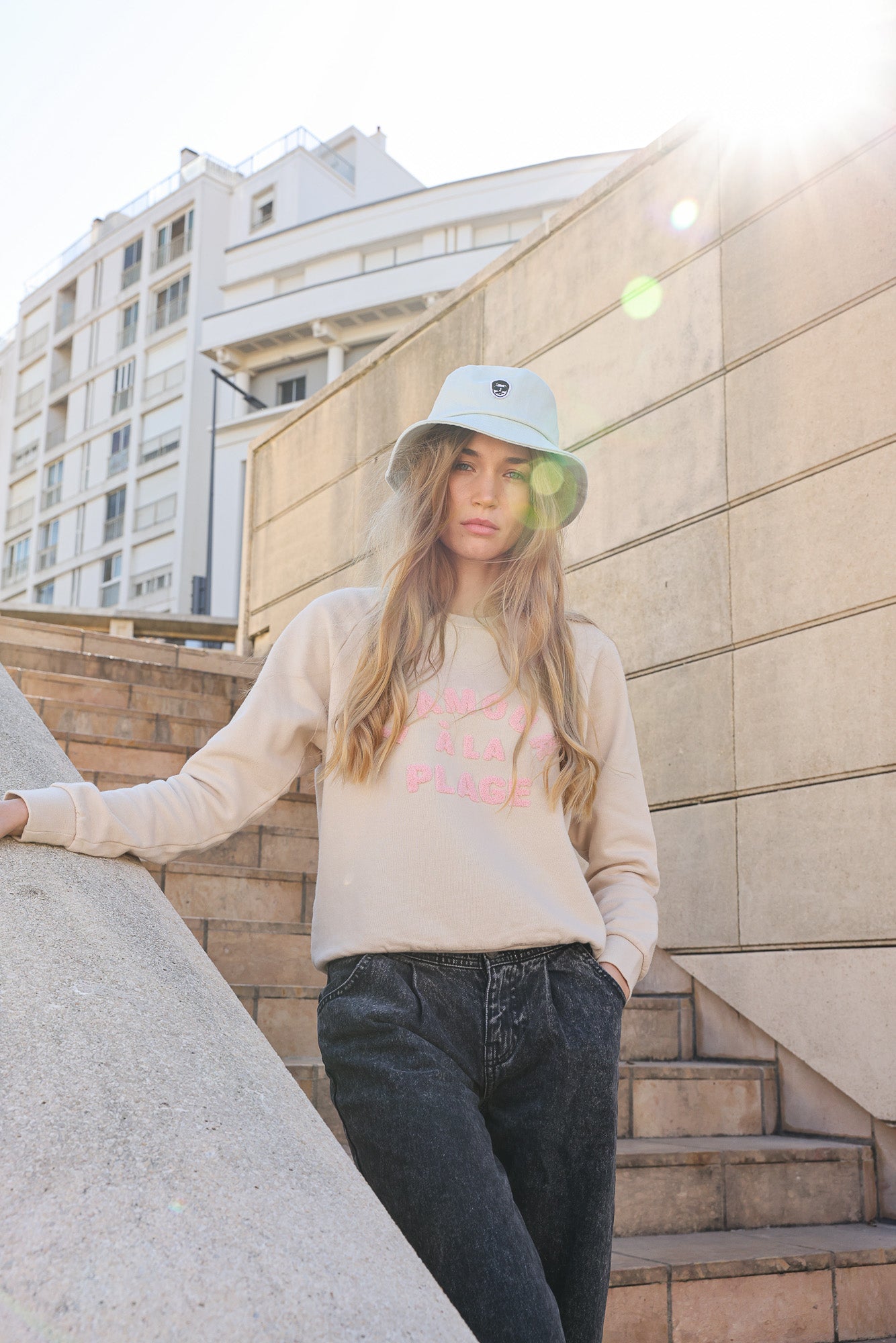 Sweat Crop top Coton Bio L'AMOUR A LA PLAGE - Beige crème